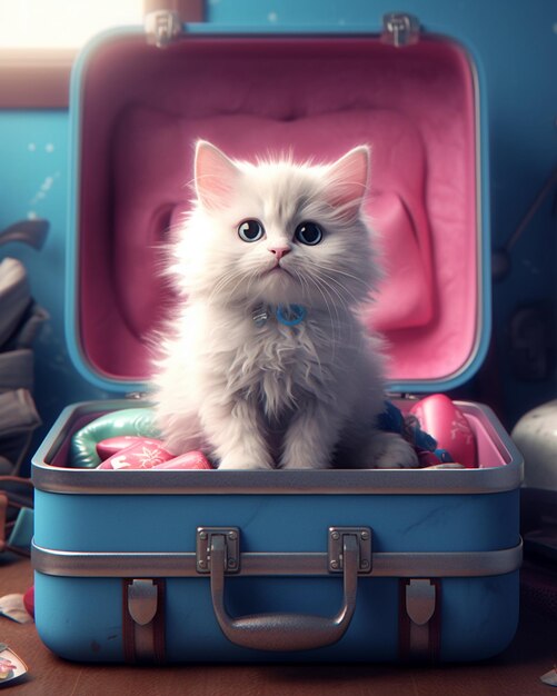 there is a white cat sitting in a blue suitcase on a table generative ai