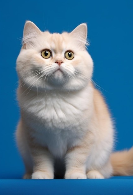 There is a white cat sitting on a blue surface generative ai