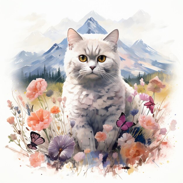 there is a white cat sitting in a field of flowers generative ai