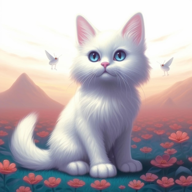 В поле цветов сидит белый кот, генерирующий искусственный интеллект