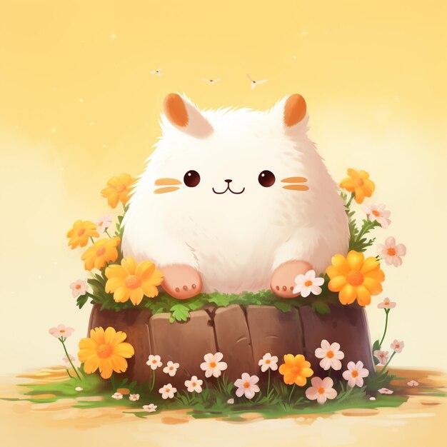 There is a white cat sitting on a stump with flowers generative ai