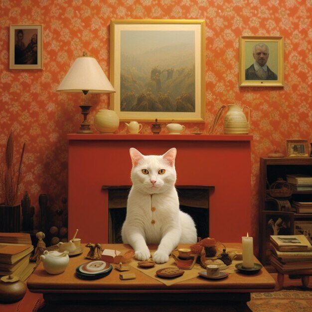 There is a white cat sitting at a table with a tea pot generative ai