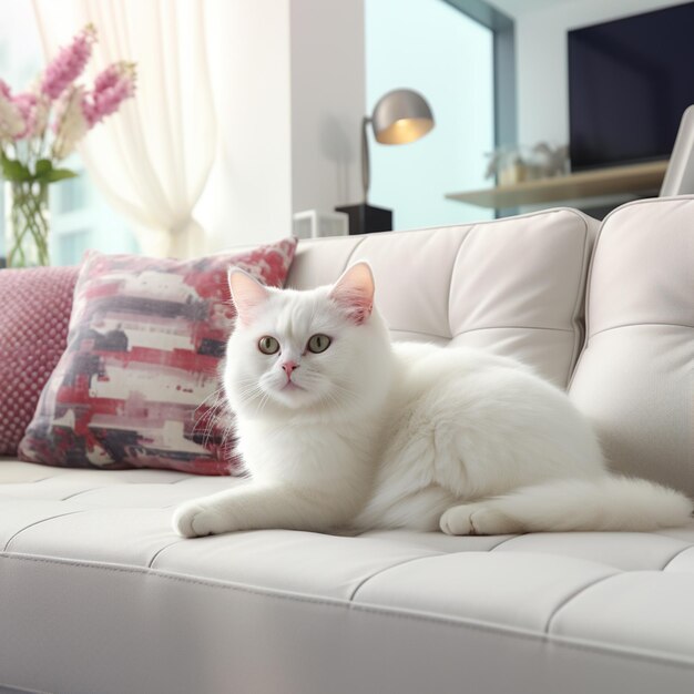 There is a white cat sitting on a white couch in a living room generative ai