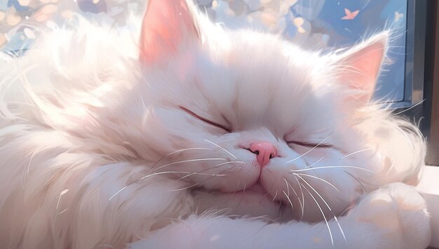 there is a white cat sleeping on a window sill generative ai