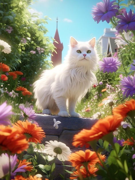 정원 생성 AI의 돌 위에 흰 고양이가 서 있다