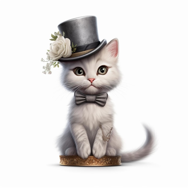 There is a white cat wearing a top hat and a bow tie generative ai