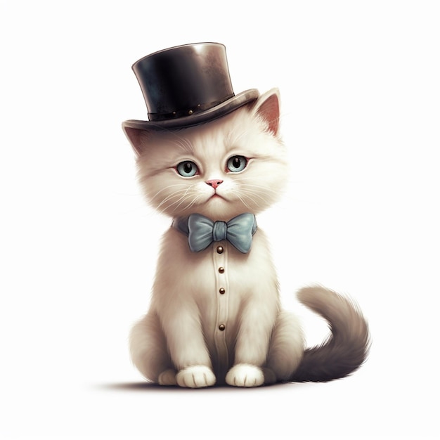 There is a white cat wearing a top hat and bow tie generative ai