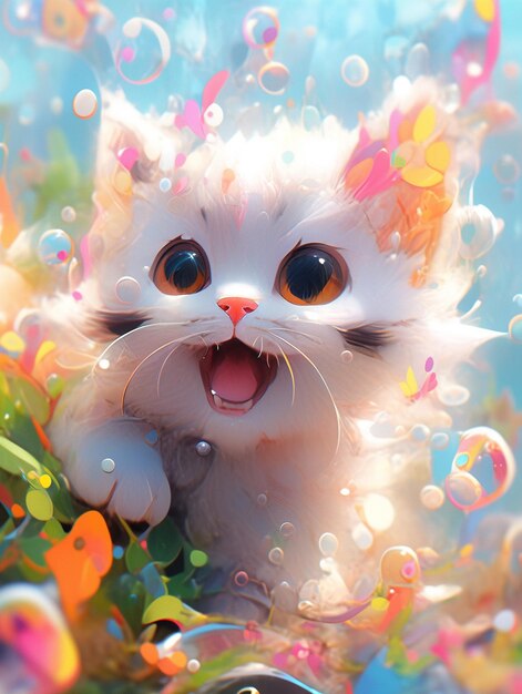 There is a white cat with big eyes and a lot of bubbles generative ai