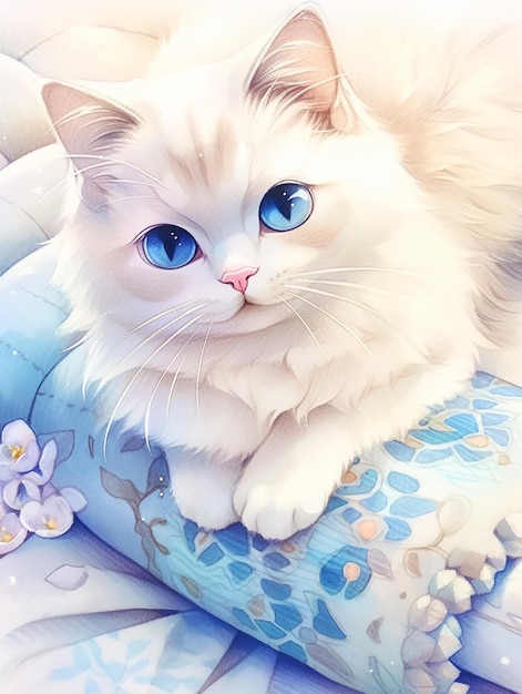 베개 생성 인공 지능에 누워 파란 눈을 가진 흰 고양이가 있습니다