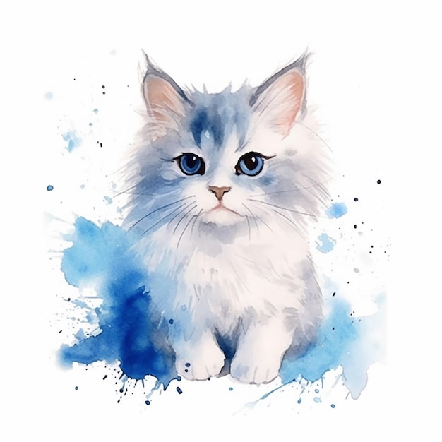 There is a white cat with blue eyes sitting on a blue spot generative ai