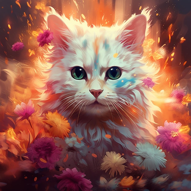 There is a white cat with blue eyes sitting in a field of flowers generative ai