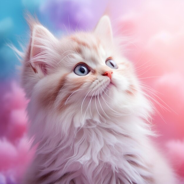 There is a white cat with blue eyes sitting on a pink blanket generative ai