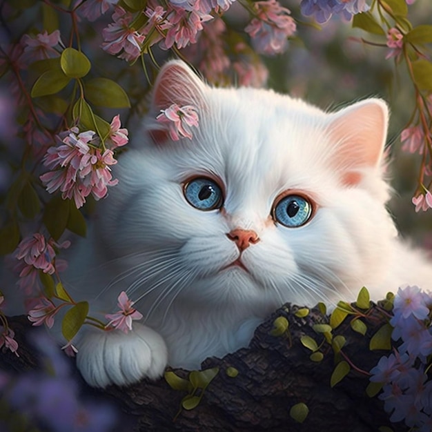 there is a white cat with blue eyes sitting in a tree generative ai