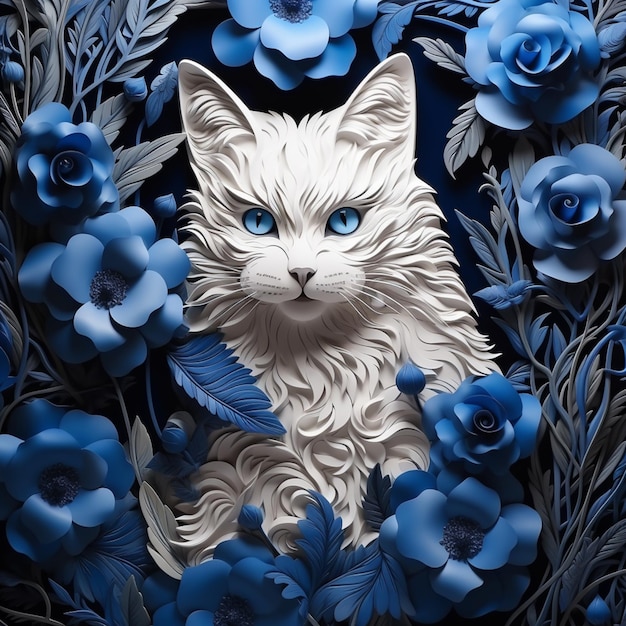 花の花輪の中に青い目の白猫が座っている生成ai