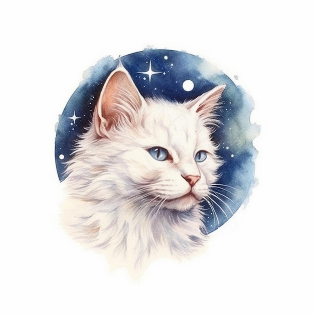 There is a white cat with blue eyes and a star in the background generative ai