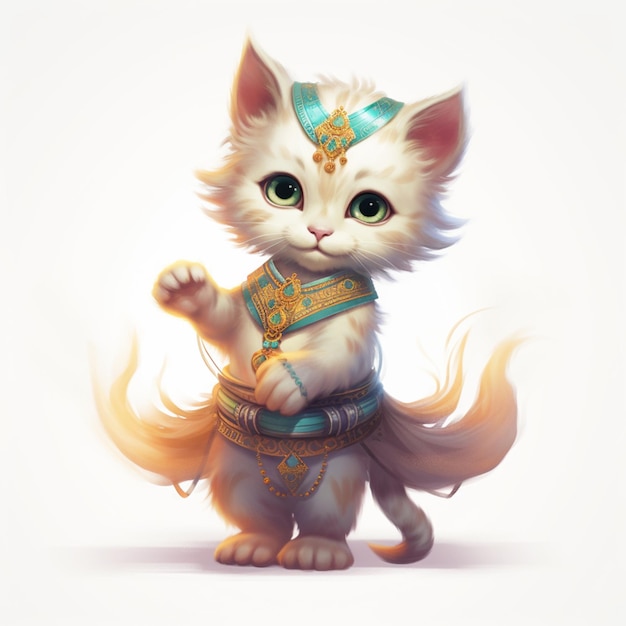 There is a white cat with a blue hat and a gold belt generative ai