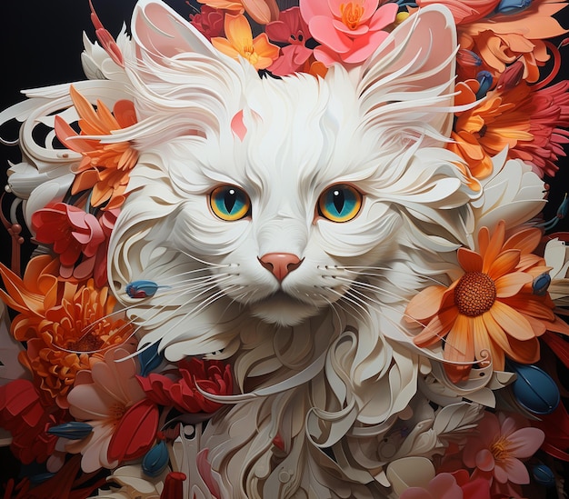 there is a white cat with a flower crown on its head generative ai