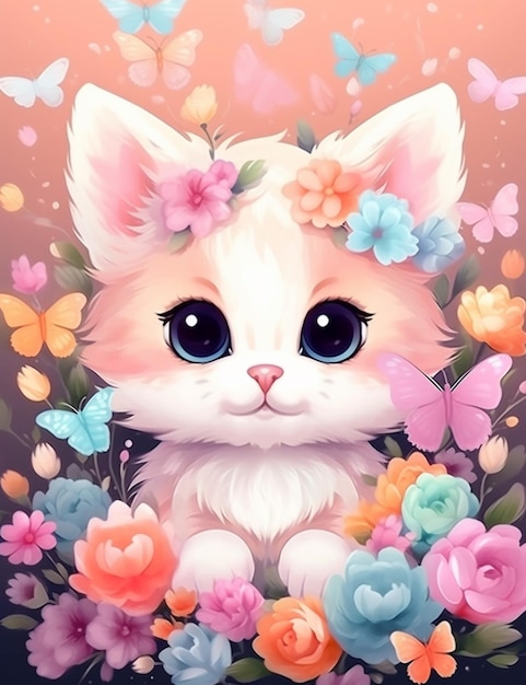 There is a white cat with flowers and butterflies on it generative ai