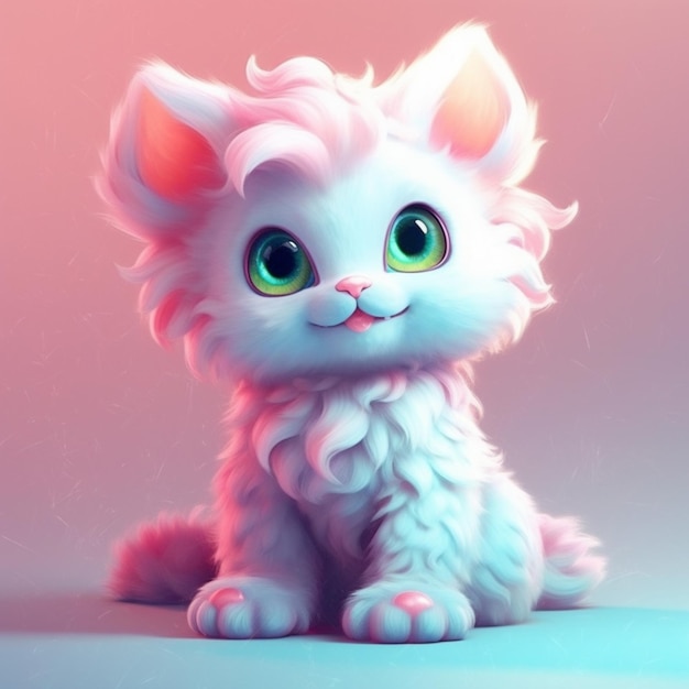There is a white cat with green eyes sitting on a pink surface generative ai