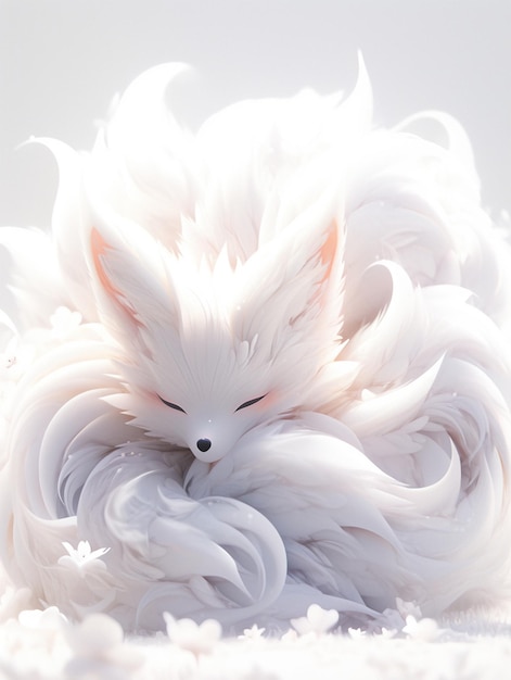 there is a white cat with long hair laying on a fluffy white blanket generative ai