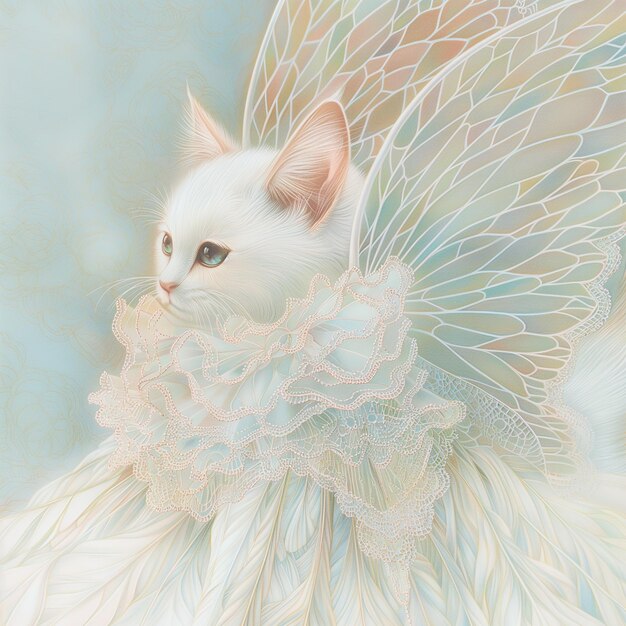 Photo there is a white cat with a white lace collar and wings generative ai