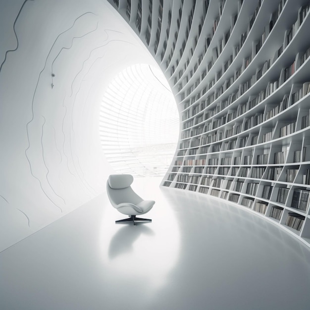 There is a white chair sitting in a room with a book shelf generative ai