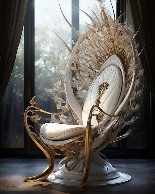 there is a white chair with a gold leafy design on it generative ai