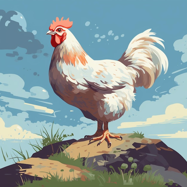 There is a white chicken standing on a rock in the grass generative ai