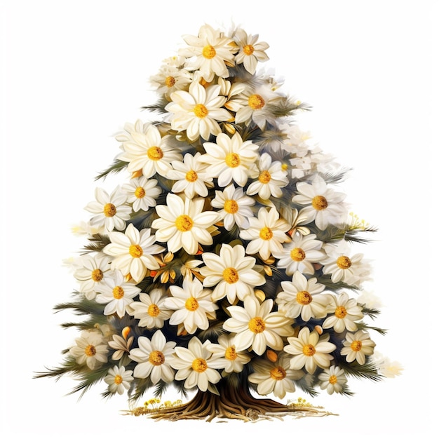 白いクリスマスツリーに 白い花がついています