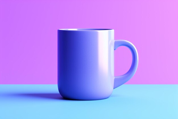 There is a white coffee cup sitting on a pink and blue surface generative ai