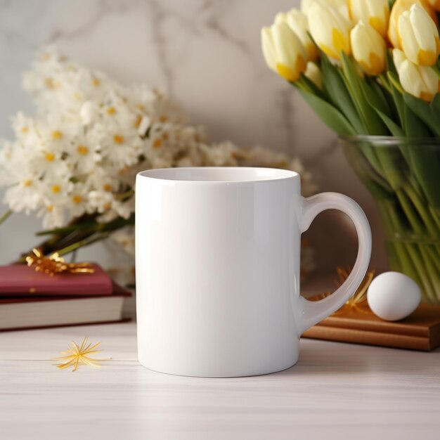 Photo there is a white coffee cup sitting on a table next to a vase of flowers generative ai