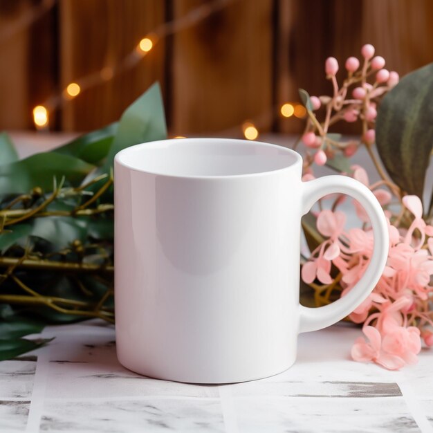 There is a white coffee cup sitting on a table with pink flowers generative ai