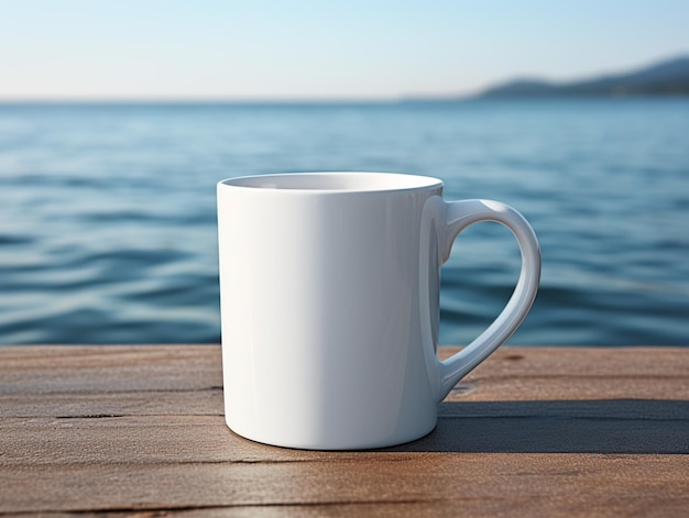 there is a white coffee cup sitting on a wooden table generative ai