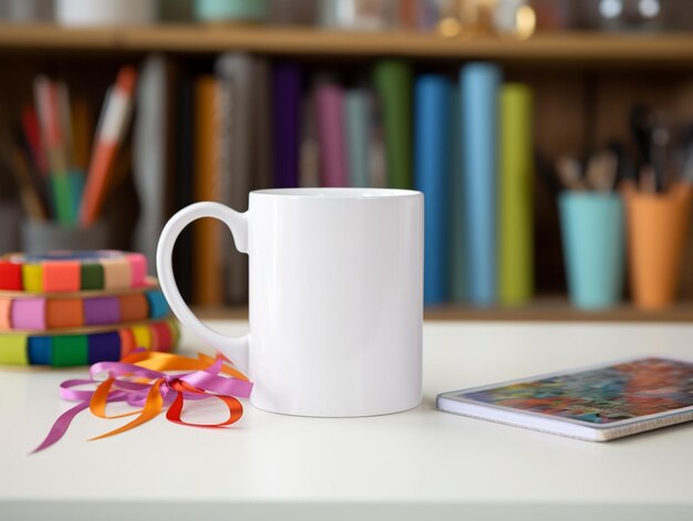 Photo there is a white coffee mug sitting on a table next to a cell phone generative ai