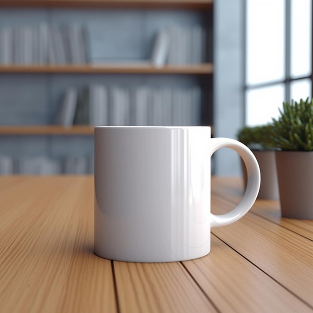 there is a white coffee mug sitting on a wooden table generative ai