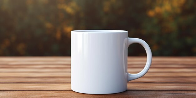 There is a white coffee mug sitting on a wooden table generative ai