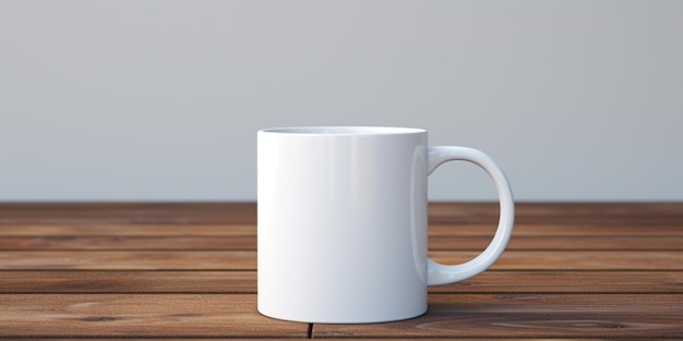 There is a white coffee mug sitting on a wooden table generative ai
