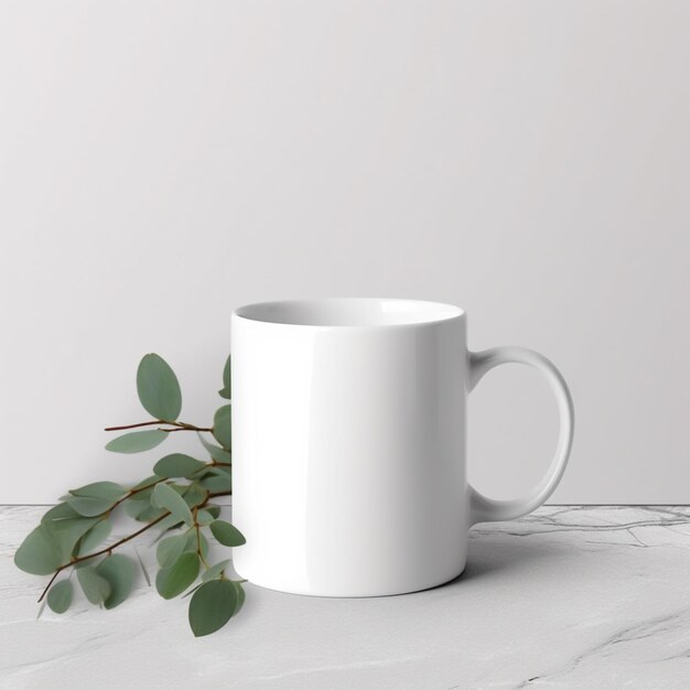 There is a white coffee mug with a green plant on the side generative ai