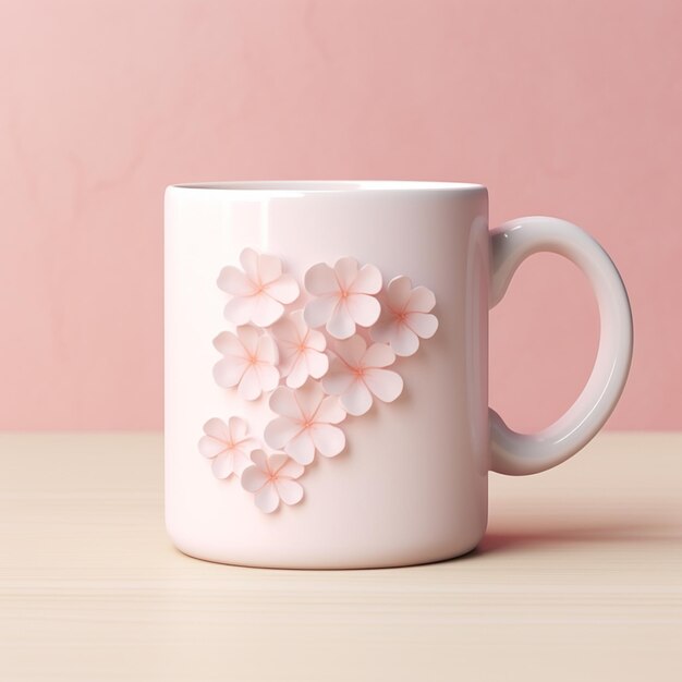 Photo there is a white coffee mug with pink flowers on it generative ai