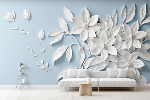 there is a white couch in front of a wall with paper flowers generative ai