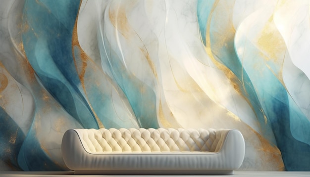 There is a white couch sitting in front of a wall with a painting on it generative ai