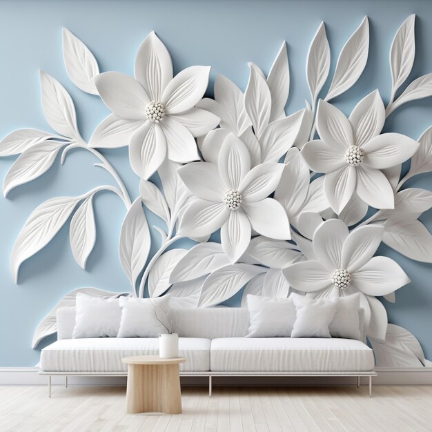 Foto c'è un divano bianco seduto di fronte a un muro con fiori di carta generativa ai