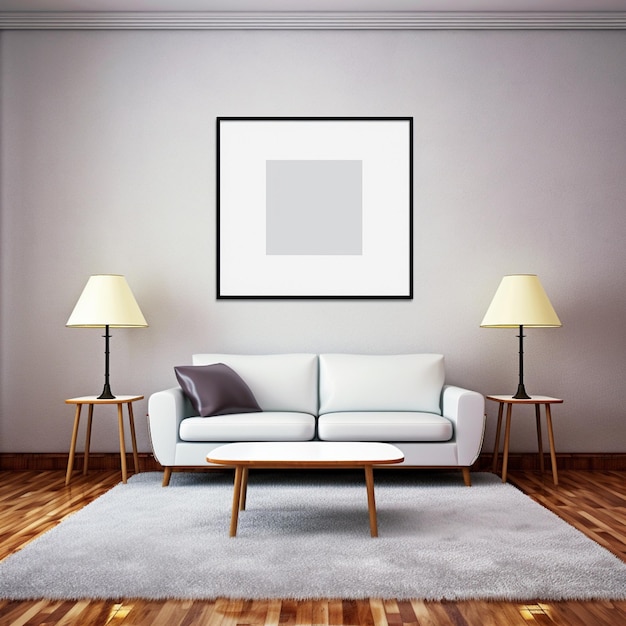 There is a white couch and a table in a room generative ai