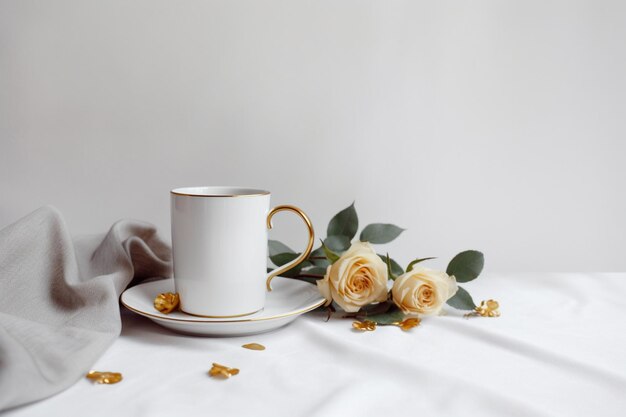 There is a white cup and saucer with a rose on a table generative ai