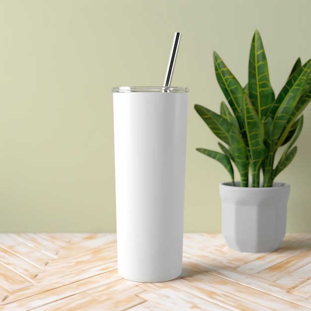There is a white cup with a straw and a plant in a pot generative ai