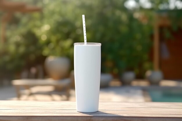 there is a white cup with a straw sitting on a table generative ai