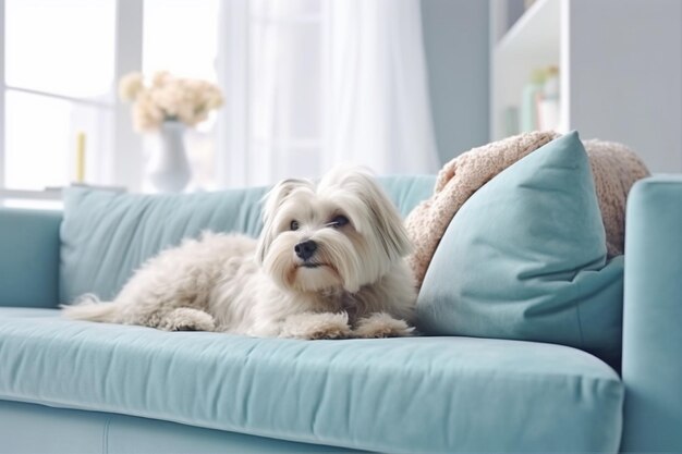 There is a white dog laying on a blue couch in a living room generative ai