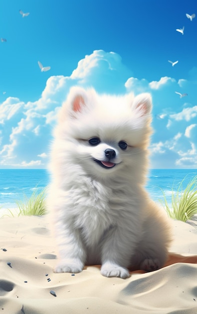 There is a white dog sitting on a beach with a blue sky generative ai