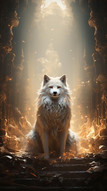 there is a white dog sitting in a cave with a light shining through it generative ai