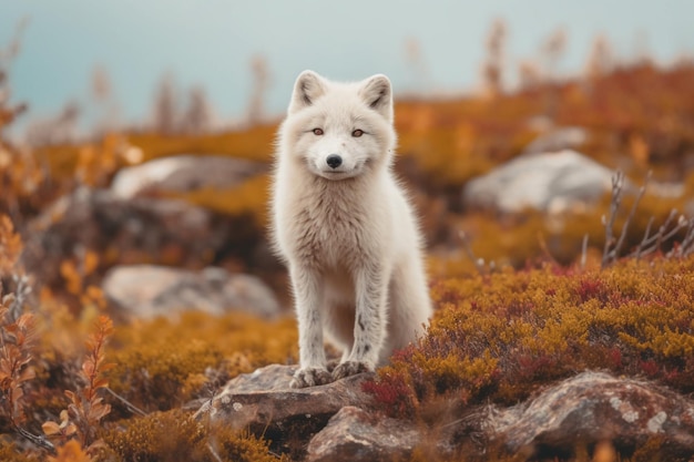 there is a white dog standing on a rock in the middle of a field generative ai